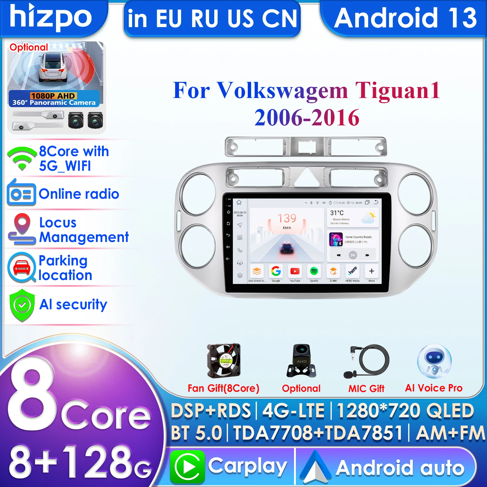 4G Carplay 9inch 2 Din Android Car Radio GPS for VW Volkswagen Tiguan 1 NF 2006-2016 Navigation Multimedia Player 2din AutoRadio