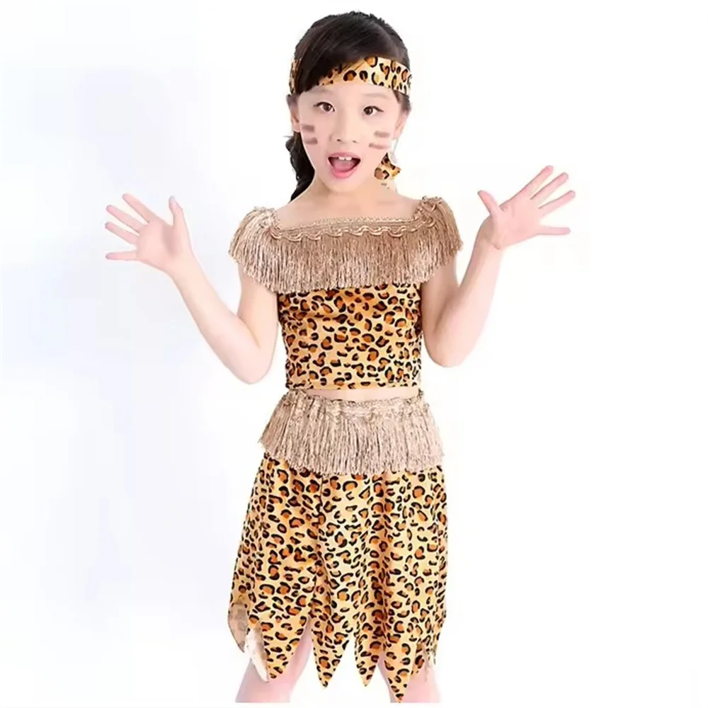 Native American modern dance performance costume set children savage caveman costumes boy leopard African tribal Hunter clothing