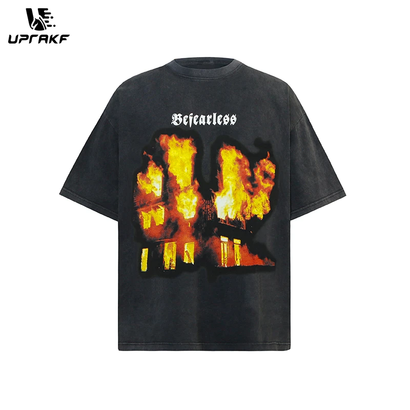 UPRAKF Streetwear T Shirts Trendy Crew Neck Tee Burning Building Pattern Loose Cotton Short Sleeve High Quality Casual Summer