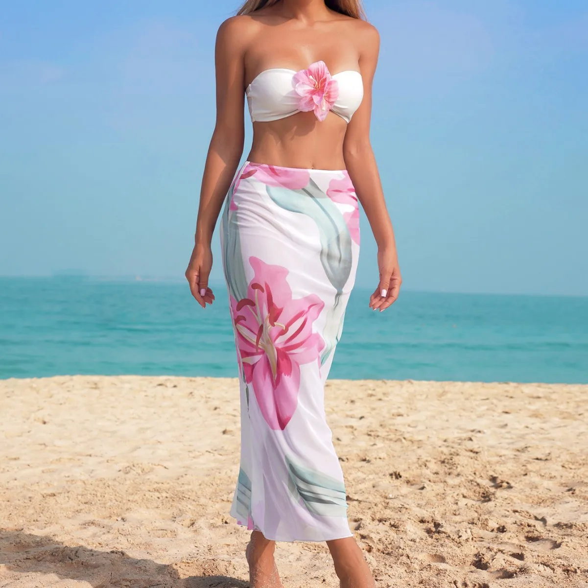 2026 3 Pcs Floral Bikini Swimsuit Women Bandeau 3D Flower Bathing Suit Mesh Long Wrap Skirt Cover‑Up Brazilian Beach Swimwear