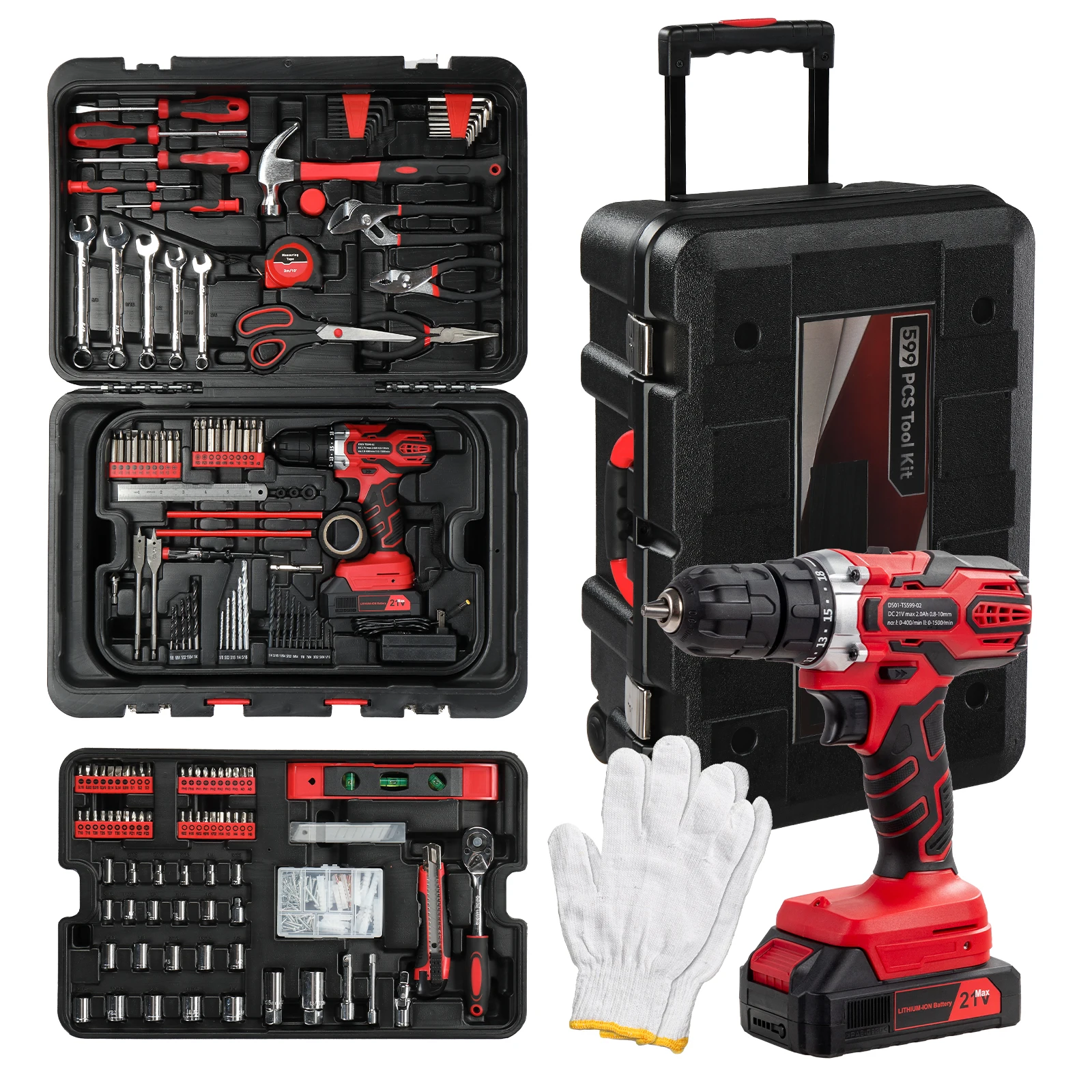 

599 PCS Home Tool Set Kit, Auto Repair Kit with Rolling Box, Mechanic Sets with 21V Max Cordless Power Drill