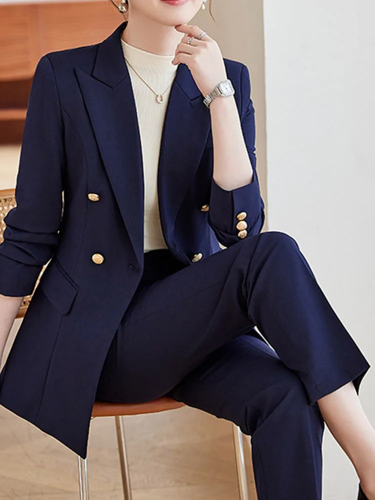 Navy Blue Suits Women New Autumn Fashion Professional Business Formal Slim Blazer And Pants Sets Office Lady Work Wear