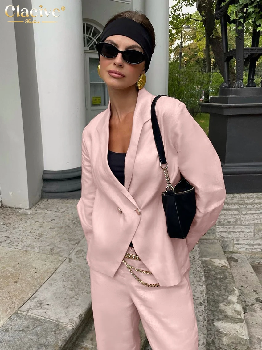 Clacive Fashion Loose Pink Cotton 2 Piece Set Women Outfit 2025 Elegant Long Sleeve Blazer With High Waist Wide Pants Set Female