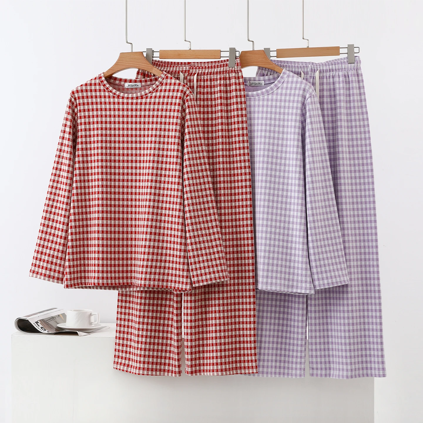 Thickened Flannel Plaid Sleepwear Set Women's Long Sleeve Long Pants Home Clothes Fleece Lined Winter Two Piece Set