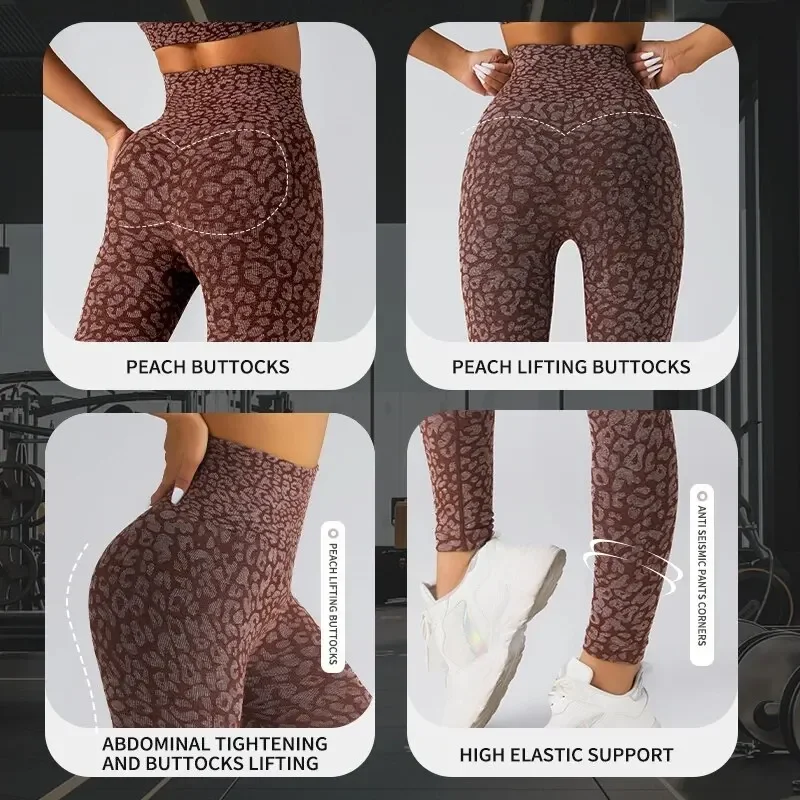 Women Seamless Leopard Print Yoga Pants with Hip Lifting and High Waist Fitness Pants with High Elasticity