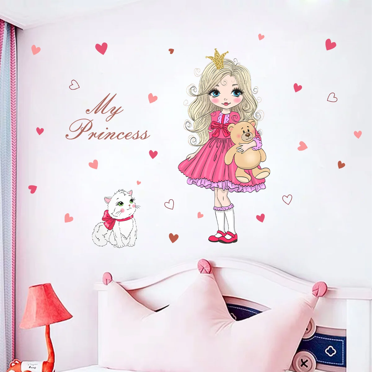 Cartoon Cat Cute Princess Little Bear Wall Stickers Peel and Stick for Girls Room Baby Bedroom Nursery Wall Decoration Decals