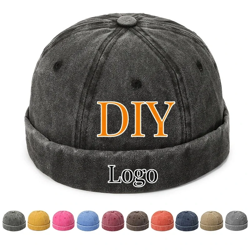 

Custom Free Hip Hop Cap Denim Brimless Docker Hat Breathable Summer Sun Visor Beanie Sailor Logo DIY Cap for Men And Women