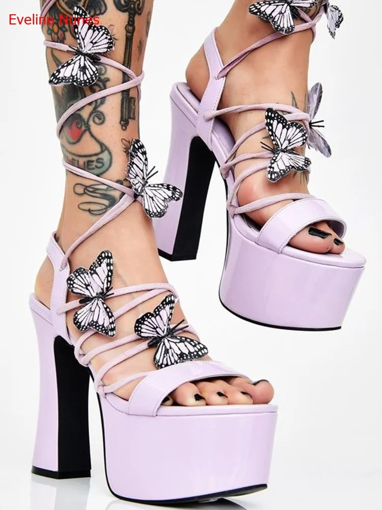 

Purple Butterfly Cross Strap Sandals Summer Women's Waterproof Platform Round Toe Fashion Sexy and Versatile Good High Heels