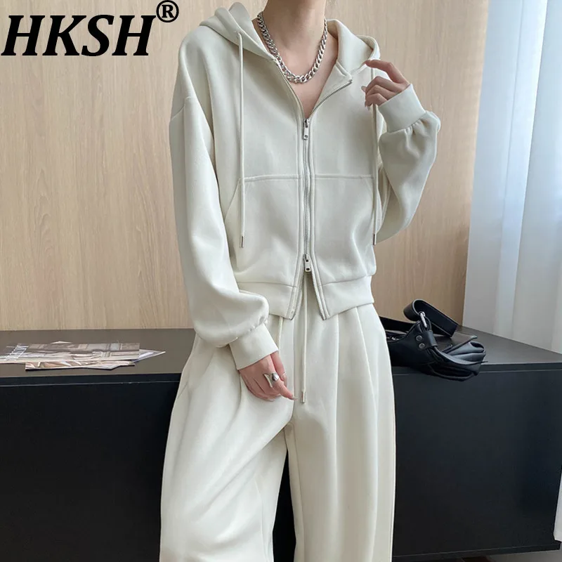 

HKSH Spring Autumn New Women Two Pieces Set Hooded Zipper Sweatshirt Drawstring Solid Color Wide Leg Pants Sporty Casual HK11028