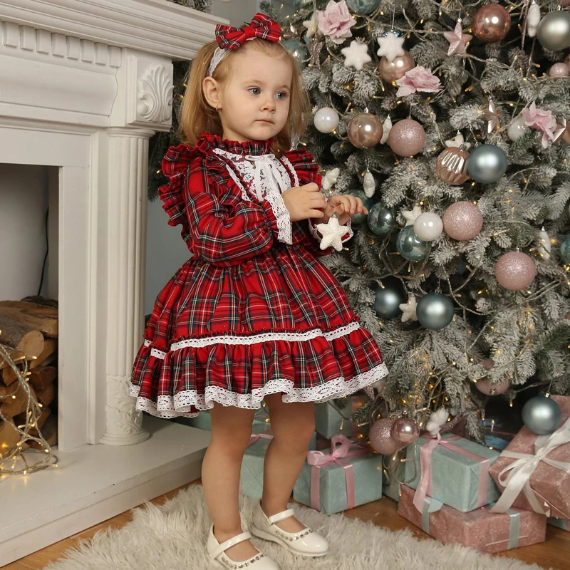 Toddler Baby Girl Christmas Outfit Dress Plaid Lace Patchwork Stand-Up Collar Flounce Long Sleeve Dress with Ruffle Hem for Kids