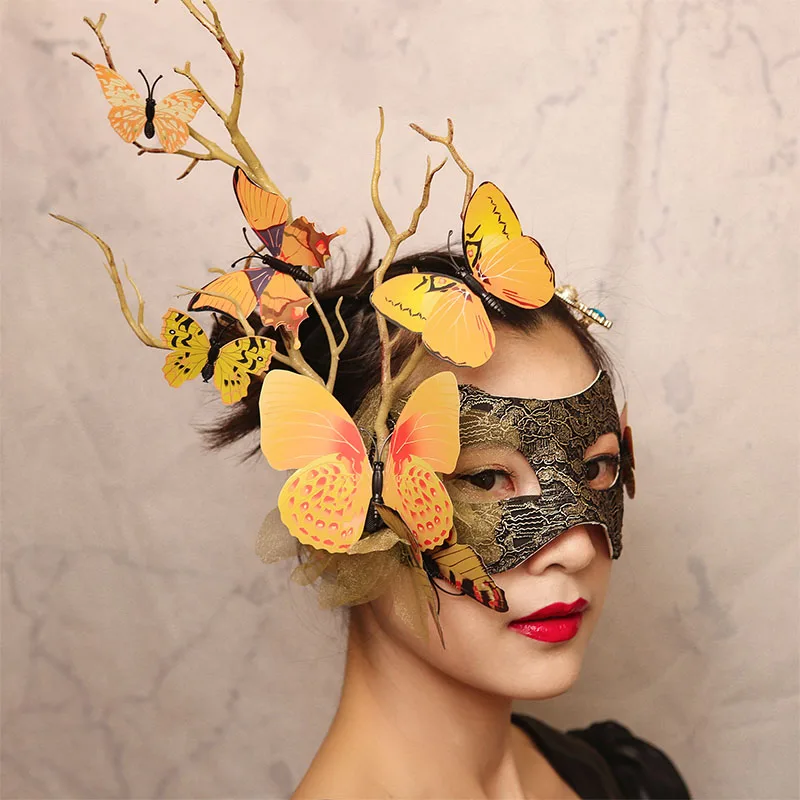 Yellow Butterfly Mask Tree Branch Halloween Carnival Masquerade Party Cosplay Performance Makeup Props Masks Half Face