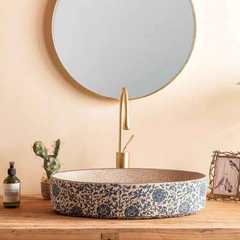 

Retro blue and white ceramic basin, balcony washbasin, single basin, bathroom washbasin, bathroom sink, washbasin GN302TB