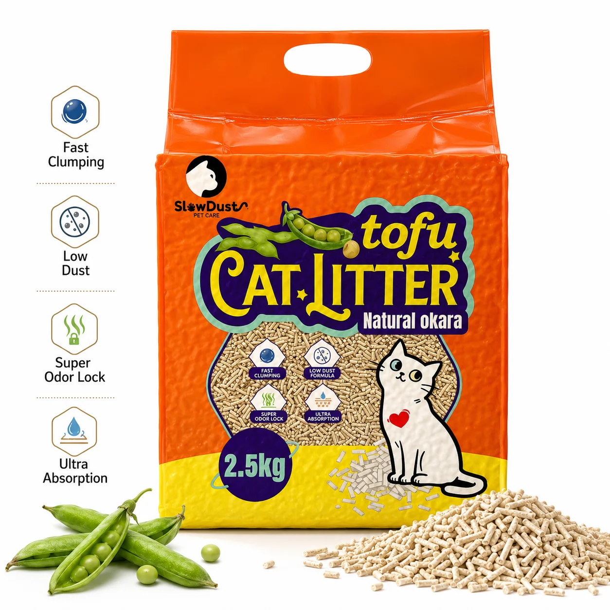 SlowDust Tofu Cat Litter 2.5kg Natural Pea Fiber Plant Based Low Dust Fast Clumping Flushable Kitty Litter for Indoor Cats