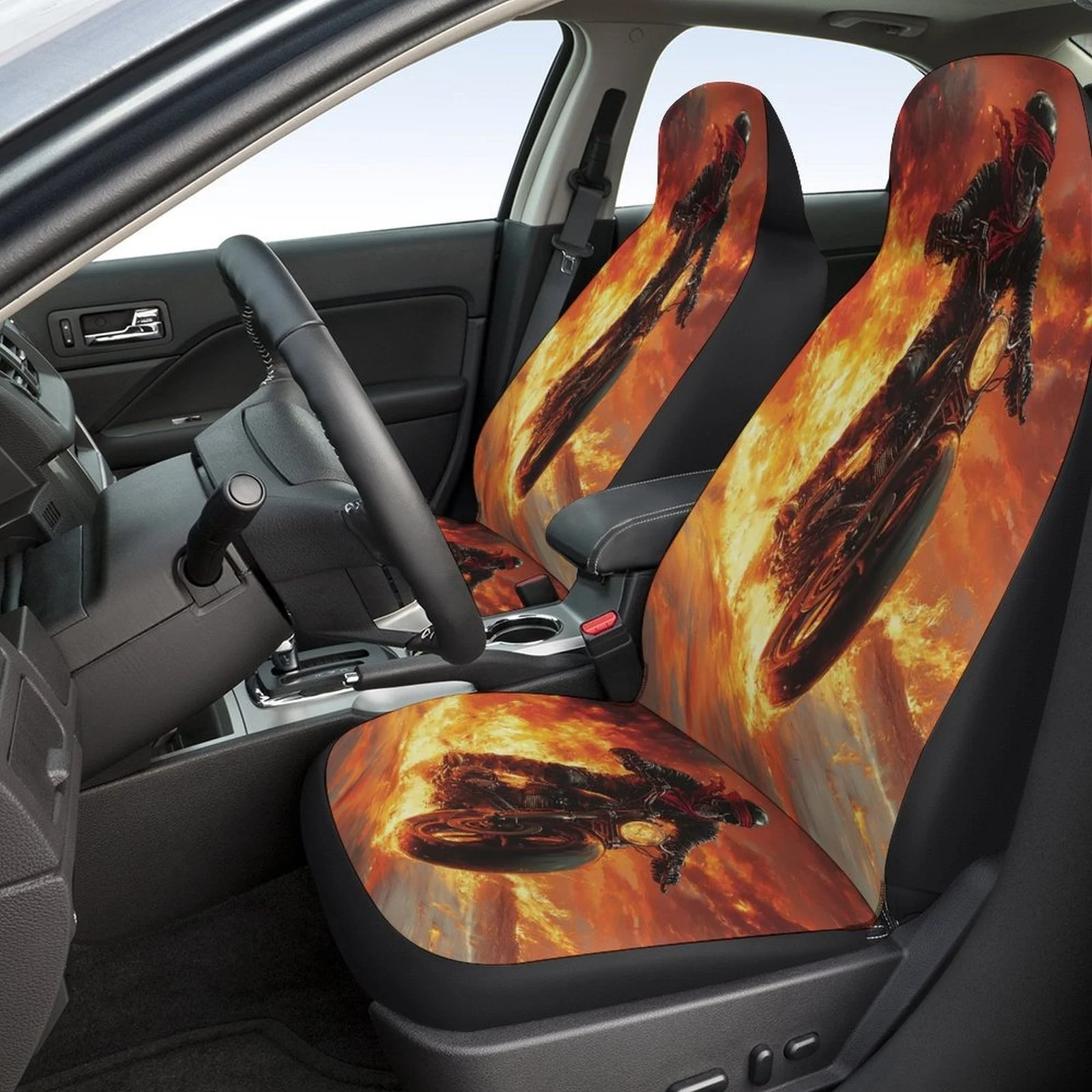 Skeleton Fire Rider Designed Car Seat Cover Set For Most Cars, Fashion Comfortable Car Seat Protector Covers Full Set, Universa