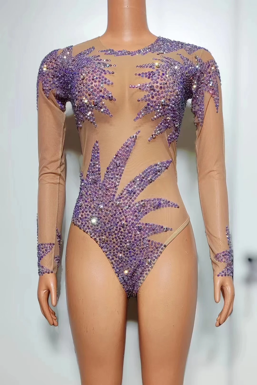 

Sparkly Hot Drilling Process RhinestoneBodysuits Women One Piece Stretch Sheer MeshLong Sleeve Dance Drag Queen Costume A543