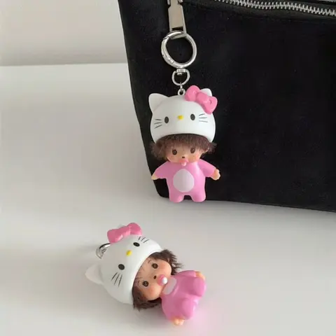 Cute Hello Kitty Keychain Cartoon Monchhich Vinyl Pendant Desktop Decoration Model Children's Toy Doll Birthday Gift 몬치치 키링
