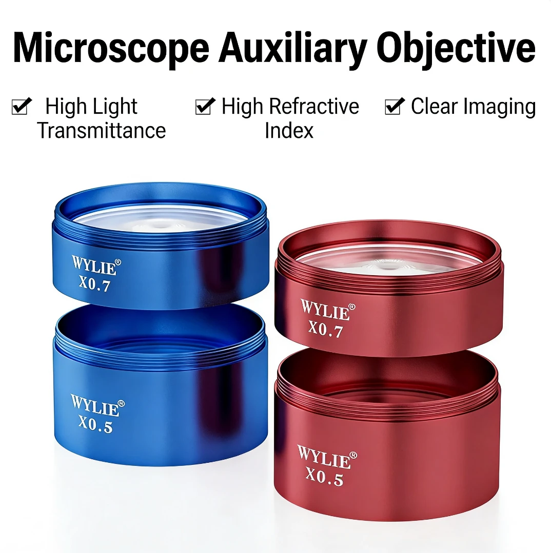 Objectif de microscope auxiliaire WYLIE bleu rouge 0,5X 0,7X pour microscope stéréoscopique binoculaire trinoculaire, lentille de Barlow
