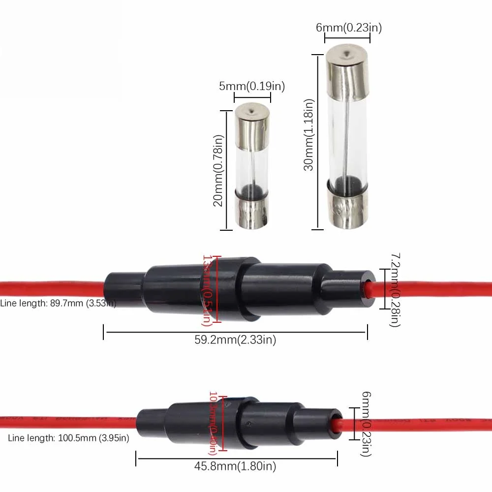 2PCS 5*20mm 6*30mm Glass Fuse Holder Screw Type 5X20mm with 22 20 18 16 14AWG Wire Cable 250V 5X20MM Glass Fuse Tube Fuse Casing