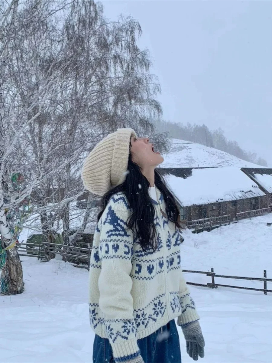 

Retro Cisas Tree Knitted Loose Women's Sweater Cardigan Skiing Winter Faion Outerwear Spring Seasonal Sle Commute