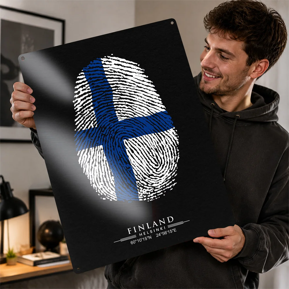 Finland Flag Fingerprint Aluminum Poster Bold Graphic Wall Art For Home Office Customized Metal Sign Geography Fan Gift Idea