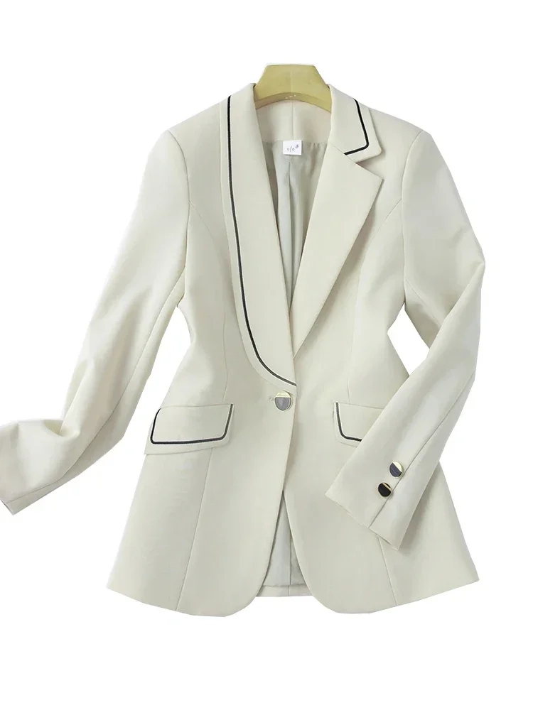 Autumn Winter Beige Striped Ladies Blazer Jacket Women Long Sleeve Single Button Female Business Work Wear Formal Coat