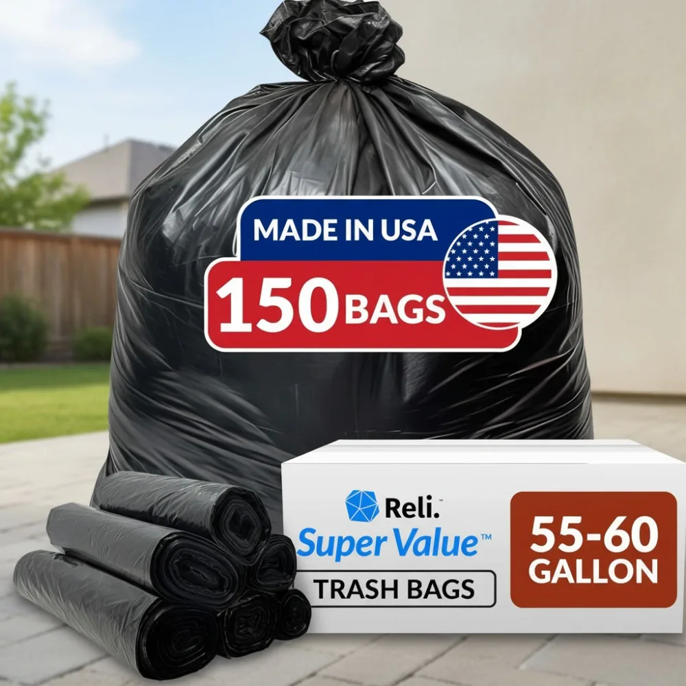 

Heavy Duty 55-60 Gallon Trash Bags, 150 Count, Large Black Garbage Bags Made in USA