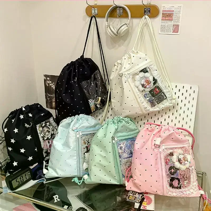 Stylish Lightweight Commuter Backpack; Large Capacity, Transparent Canvas with Star Print and Drawstring.