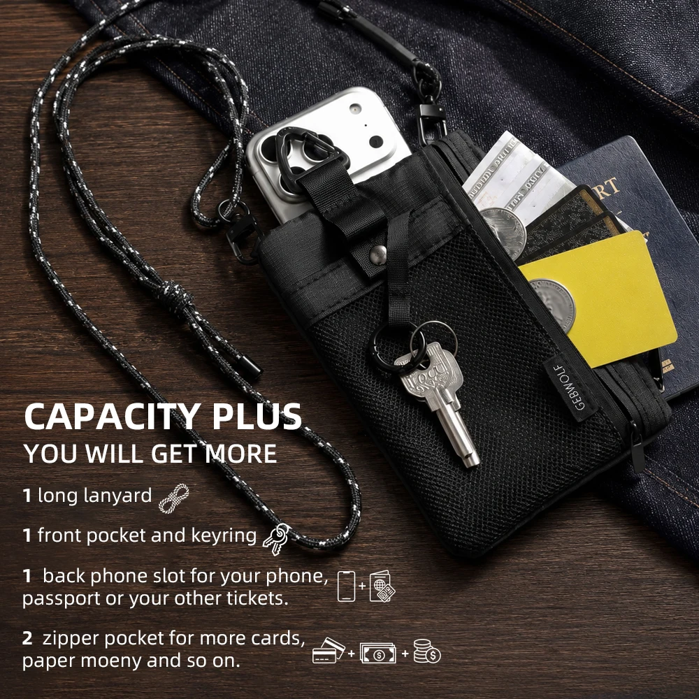 RFID-blockierende Reisebrieftasche mit Pass- und Handyfach, abnehmbarem Trageband und Schlüsselring, leichte Reisebrieftasche. – Detail 1