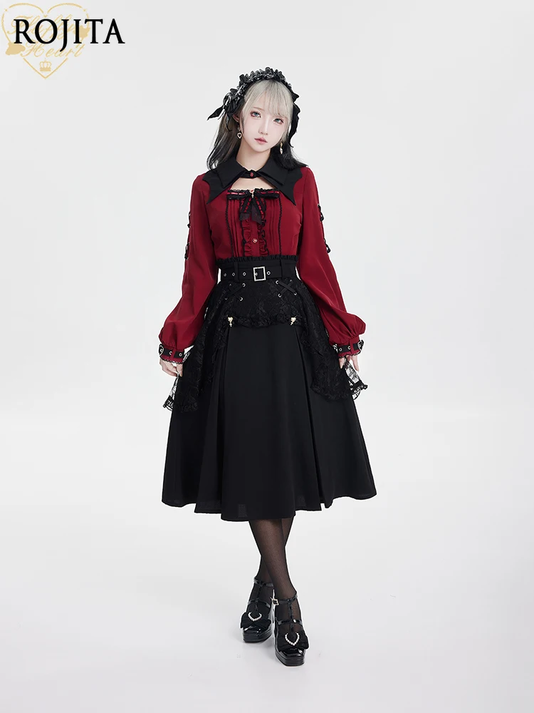 

Black Skirt Japanese Style Lace Rhinestone Buckle Belt Double Layer Half Skirt High Waist Long Skirts for Women