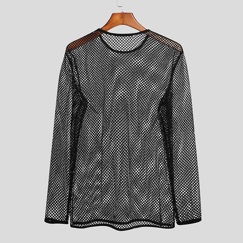 Herren Netzstoff T-Shirts O-Ausschnitt Langarm Transparente Oberteile Muskel-Unterhemd für Männer Sexy Nachtclub Gothic Punk Streetwear – Detail 3
