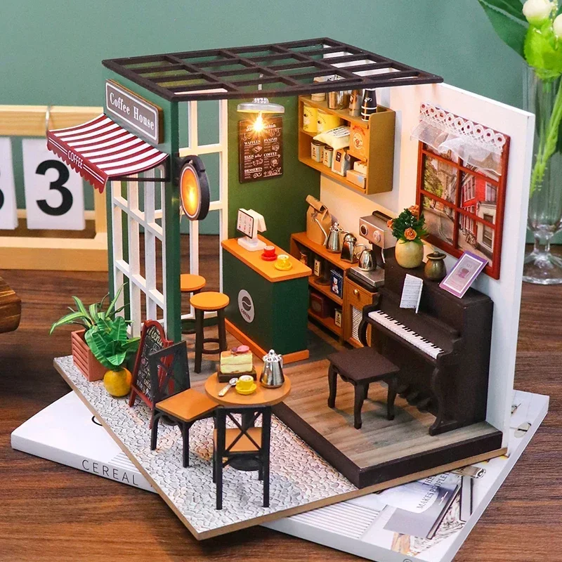 

Coffee Dollhouse with Furniture 3D Puzzle NEW DIY Wooden Doll Houses Afternoon Cafe Casa Miniature Model Kits for Friends Gifts