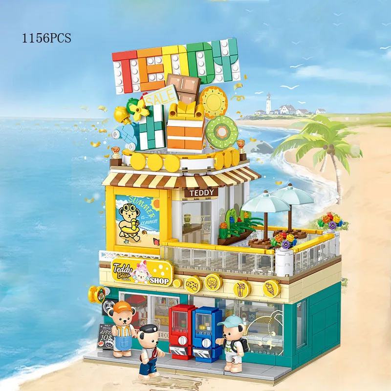 

Creative City Street View Block Teddy Building Bricks Bear Figures Streetscape 24-hour Convenience Store Construction Toys