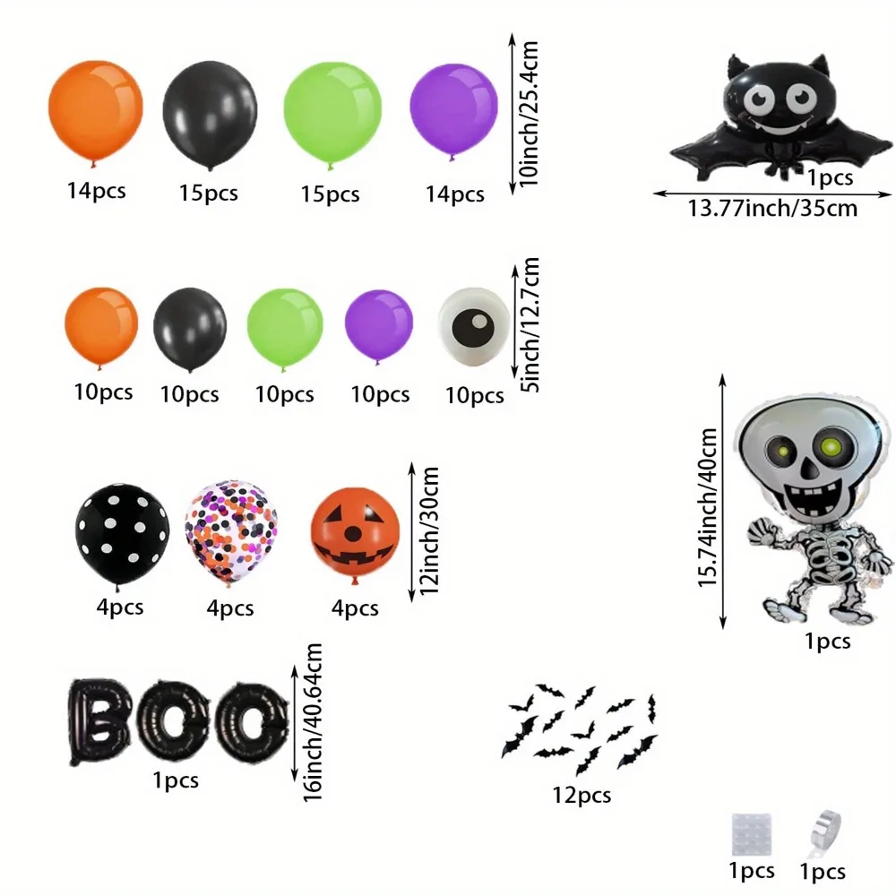 137pcs Halloween Balloon Garland Kit Bat Skeleton Aluminum Film Balloon, Halloween Thriller, Scary Atmosphere Party Scene Layout