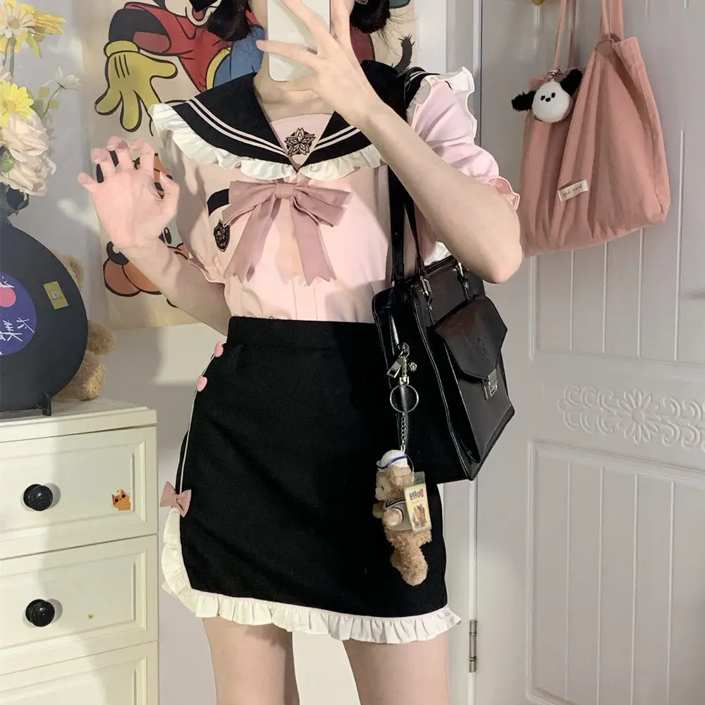 女性のためのピンクの弓のレースのセーラー服,半袖の制服,かわいい日本のファッション,夏,2024