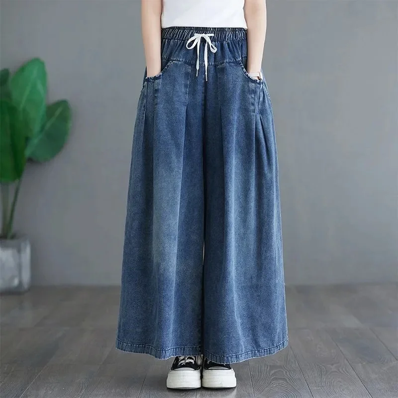 Ladies Elastic Waist Wide Leg Jeans 2025 Femme High Waist Cowboy Straight Pants Spring Women Fashion Solid Color Denim Trousers
