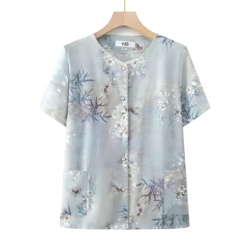 Summer Short Sleeve Shirt Stylish Collar Loose Top for Middle-aged and Elderly Women