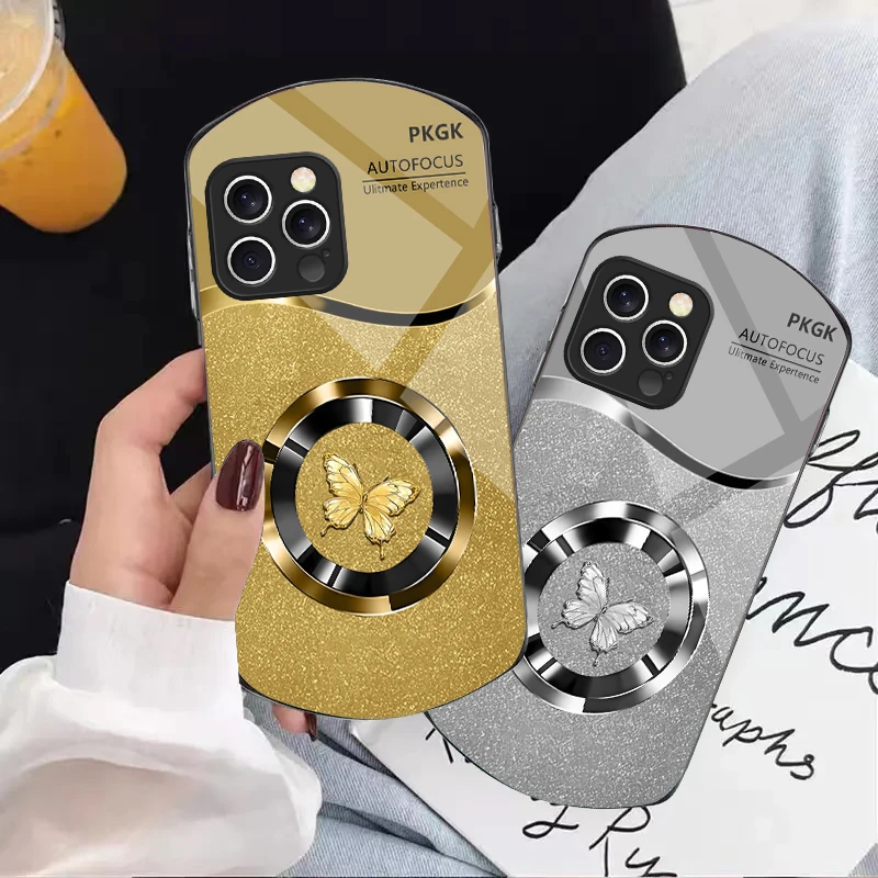 

Circular metal butterfly For iPhone 16 15 14 13 Plus 12 mini 11 Pro Max XR Xs X 7 8 6 6S Elliptical Tempered Glass Phone Case