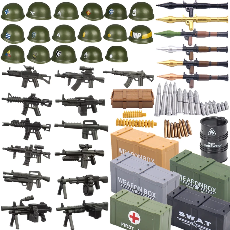 Military Building Blocks Military Supplies Weapon Accessory Soldier Colonel Helmet Gun Rifle M16 Weapon Box Ammunition Brick Toy