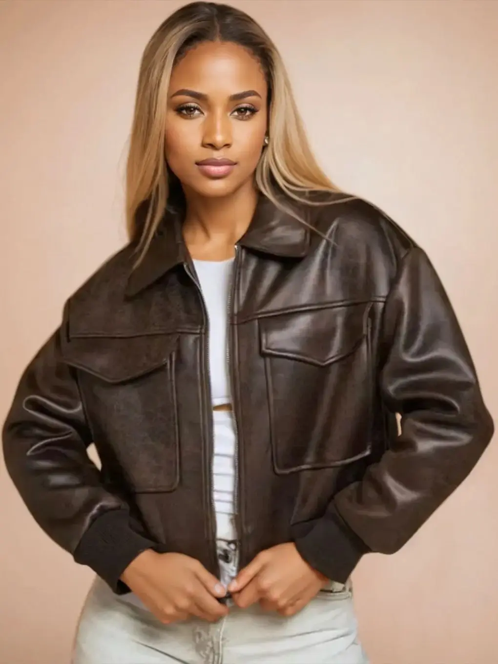 Mulheres retro vintage café falso couro plutônio jaquetas de beisebol feminino moto motociclista bolsos companheiro camurça solto ajuste streetwear casacos topos