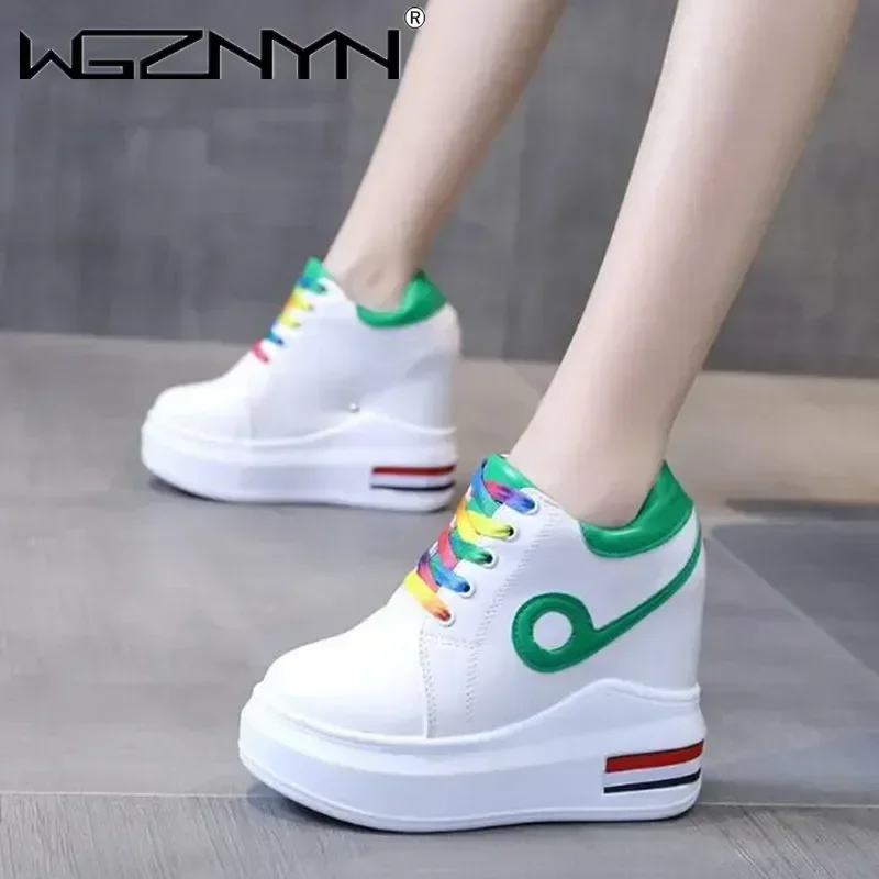 

Роскошные женские дышащие кожаные кроссовки на высоком каблуке со шнуровкой, обувь на платформе, увеличенная высота, толстая подошва 12 см, Zapatos Mujer