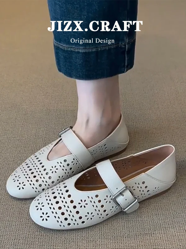 ultra-soft-lamb-skin-summer-flat-shoes-women's-hollow-out-breathable-ballet-mary-jane-sandals-casual-low-heel-rubber-sole