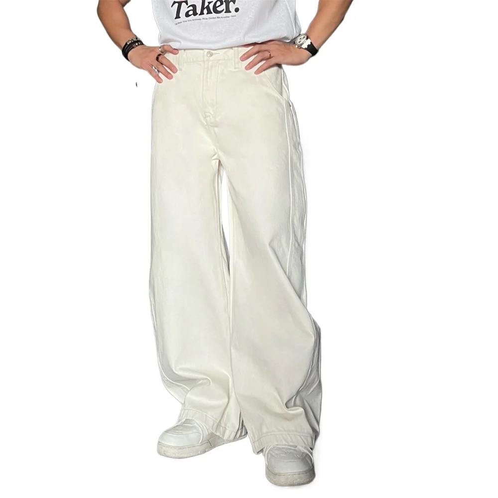

Men Women Streetwear Fashion Loose Casual Wide Leg White Denim Scimitar Jeans Pants Couple Cleanfit Harem Jeans Trousers