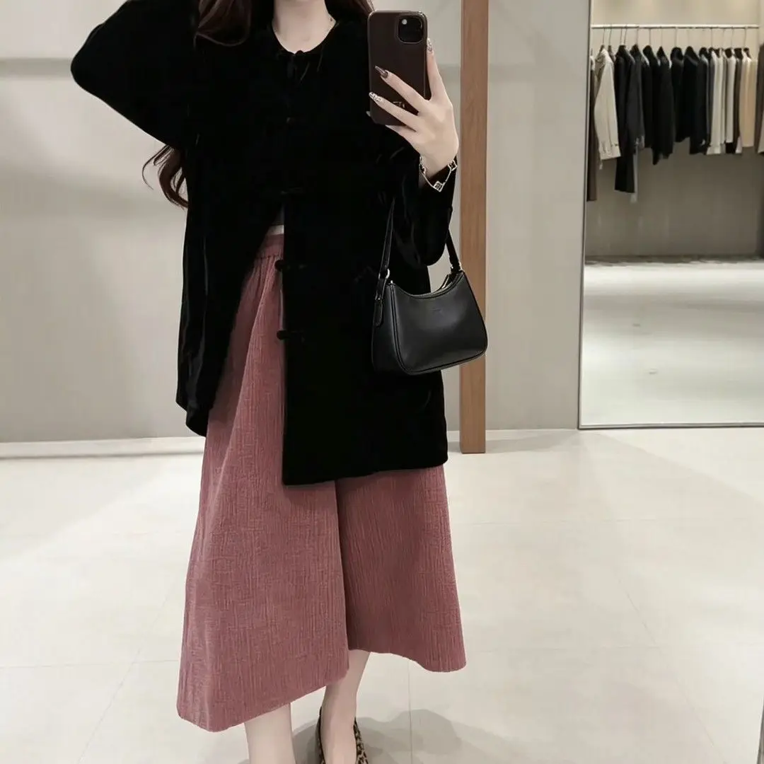 Slimming Wide Leg Casual Pants And Jacket Two Piece Set with Button Detail Loose Fit Fashionable Autumn Winter Women's Outfit