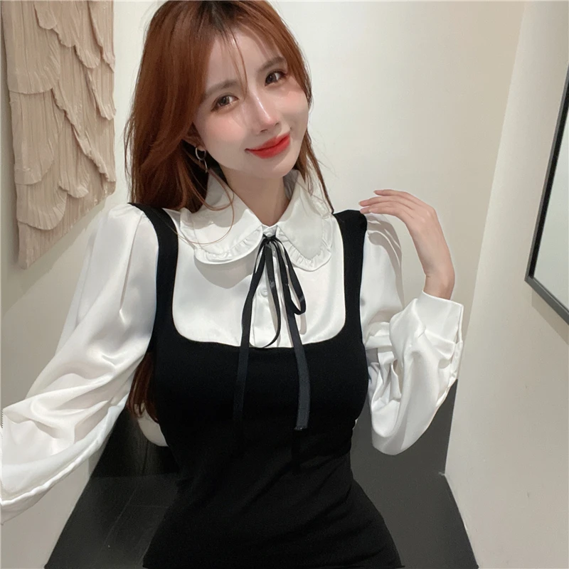 Estilo coreano camisa feminina vestido design de moda gola boneca manga comprida arco falso vestido de duas peças chique preto branco contraste vestido