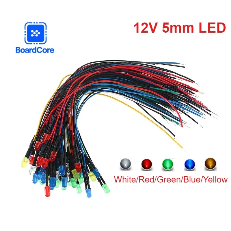 25PCS 12V 5mm LED Diode 20cm Vorverdrahtet 5 Farben Weiß Rot Grün Blau Gelb LED Light Emitting Anzeige Sortiment Kit