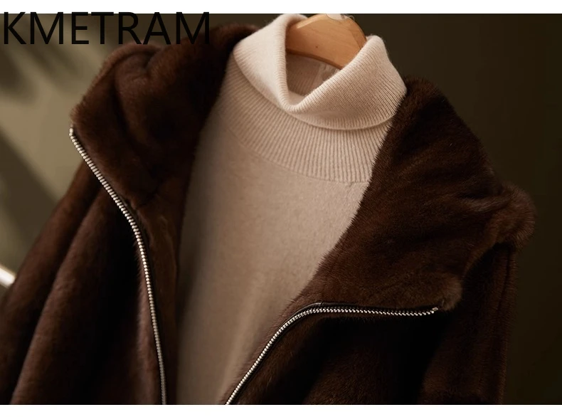 معطف فرو المنك الطبيعي بالكامل 100% من KMETRAM جاكيت نسائي قصير من الفرو الحقيقي مع غطاء محرك السيارة ملابس شتوية عالية الجودة 2025 schuba femenarska