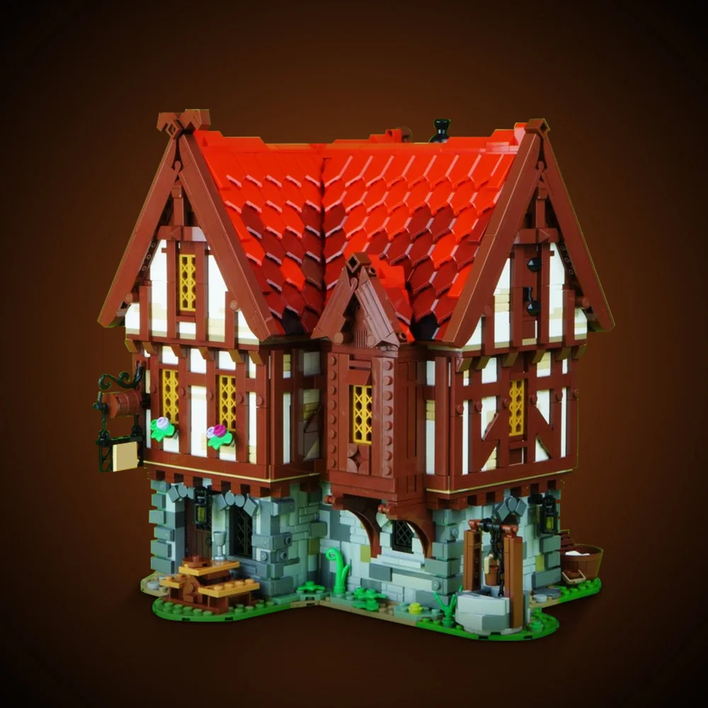 Moc blocos de construção de taverna medieval, modelo de arquitetura medieval, vista de rua, tijolos de restaurante vermelho, brinquedo montado, presente para crianças