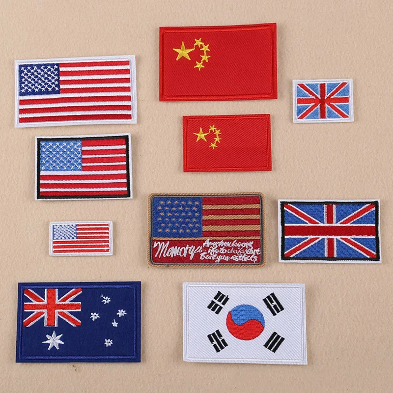 US Australia China England Flag Embroidery Patches for Clothing Iron on Clothes Jeans Bag Appliques Badge Stripe Sticker Craft