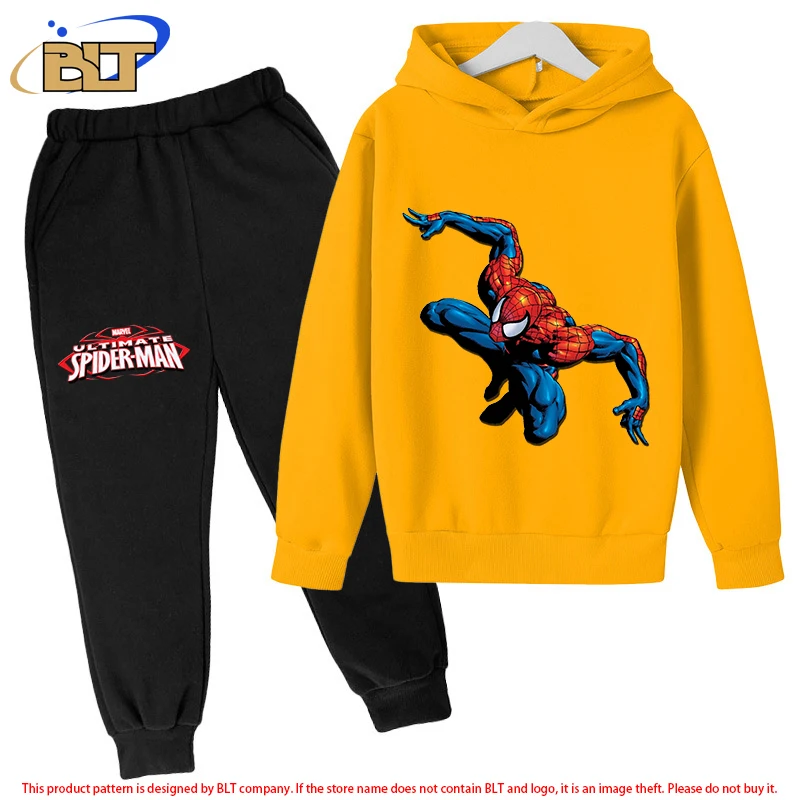 Spider-Man children's fleece hoodie set yellow sports sweatshirt pants two-piece suit for boys and girls