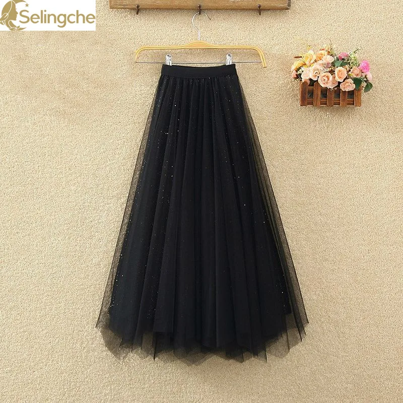 Irregular Sequin Mesh Skirt for Women's Autumn and Winter 2024 New Mid Length High Waisted A-line Pleated Skirt